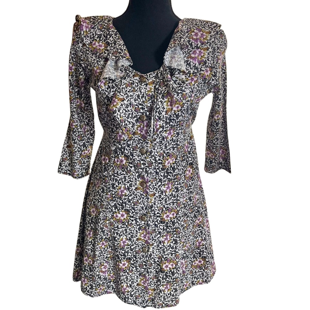 VTG Floral Peter Pan Neck Mini Dress‎ 1/2 Sleeve Secretary Ruffles Women's S USA